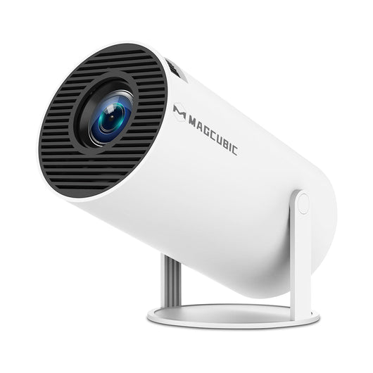 Magcubic HY300 white mini projector on stand, three-quarter view on white background