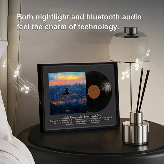 DuskFrame glowing on a bedside table