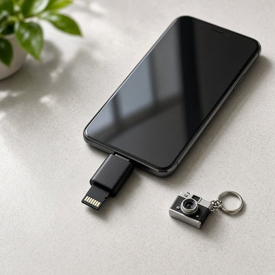 DualSync OTG Card Reader plugged into a smartphone next to the Retro84 mini camera
