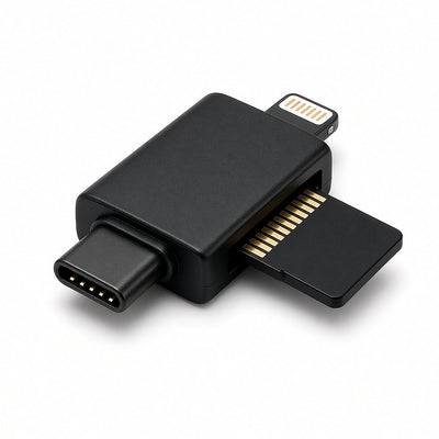 DualSync Phone Card Reader showing USB-C, Lightning, and memory card slot close-up