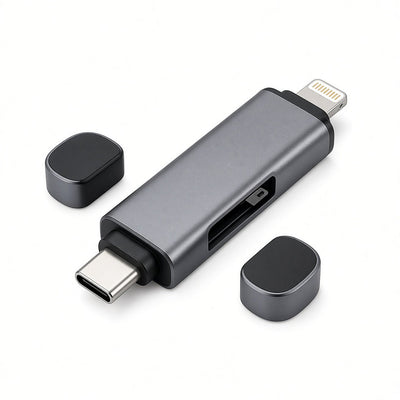 DualSync USB-C and Lightning OTG microSD card reader in matte space grey aluminum
