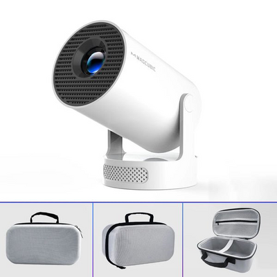 Magcubic HY300 white projector with grey hard carrying case packshot