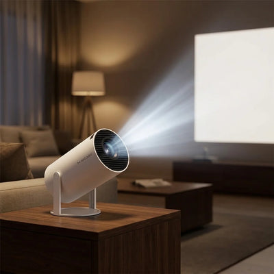 OrbitBeam projecting a movie in a dark living room